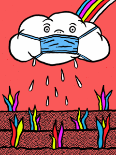 Bunte Illustration einer rechnenden Wolke for einem Regenbogen, die eine OP-Maske trägt.