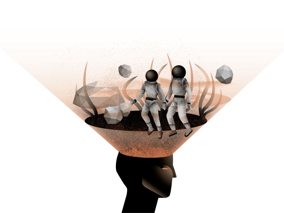 Illustration eines Kopfes im Querschnitt, darüber Astronauten in einer Fantasiewelt.
