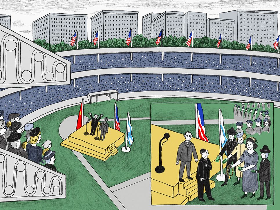 Illustration des Stadions mit der Bühne. Eine Detailansicht zeigt Personen, die Schlange stehen und den Reisenden am Bühnenrand Geldscheine und Schmuck überreichen.