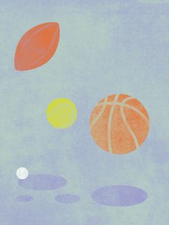 Bunte Illustration eines Basketballs, eines Tennisballs, eines Tischtennisballs und eines Rugbyballs.