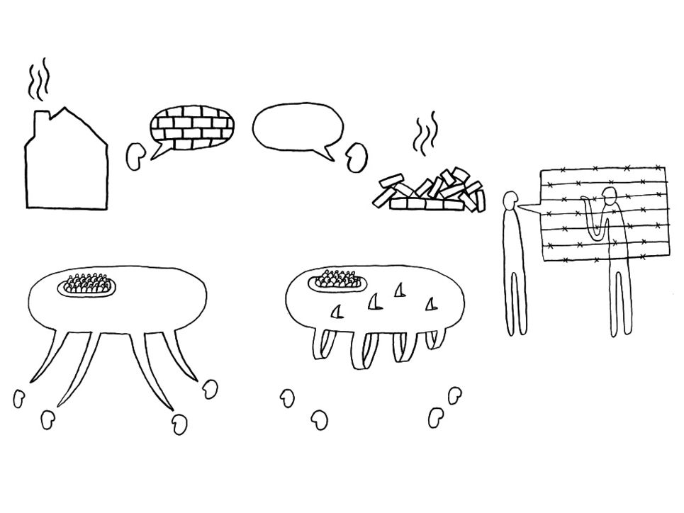 Illustration eins: ein Haus mit qualmendem Schornstein, daneben ein Kopf mit Sprechblase, die mit Mauersteinen gefüllt ist, und ein weiterer, dessen Sprechblase leer ist. Daneben ein qualmender Haufen Ziegelsteine. Illustration zwei: zwei Personen unterhalten sich, die Sprechblase ist ein Stacheldrahtzaun, hinter dem der Gesprächspartner steht. Illustration drei: Eine große Sprechblase über vier Köpfen, in der sich ein Boot mit Menschen befindet. Daneben die selbe Anordnung, nur dass die Enden in der Sprechblasen stecken und nicht zu den Köpfen zeigen.