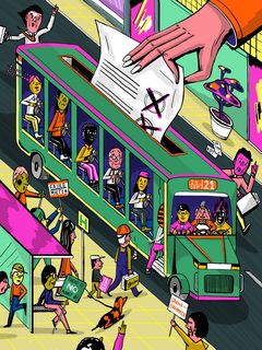 Illustration von einem Bus, der zugleich eine Wahlurne darstellt. Viele Leute sitzen im Bus, einige warten an der Bushaltestelle, andere steigen ein.