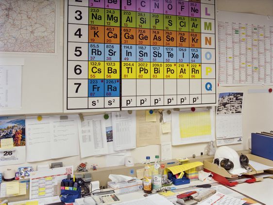 Unordentlicher Schreibtisch, an der Wand darüber ein Periodensystem.