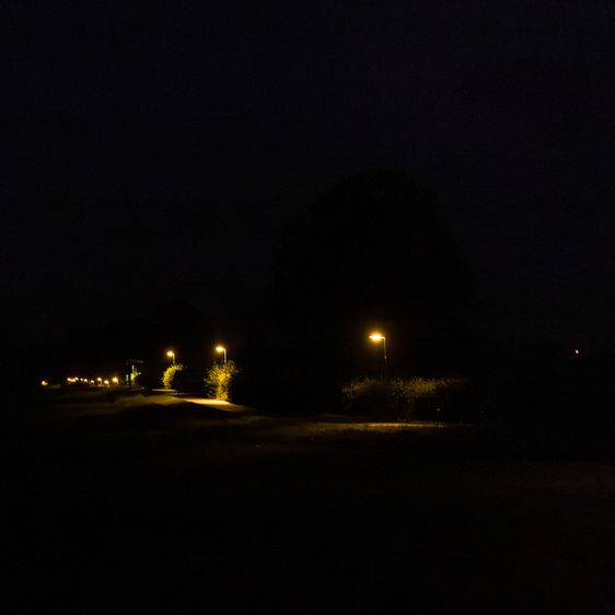 Eine Reihe an Straßenlaternen am Wegesrand zeigen den Weg durch die Dunkelheit.