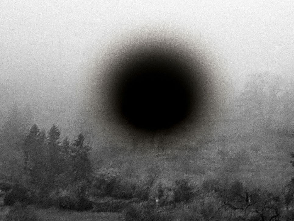 Schwarzweißlandschaft mit Bäumen im Nebel; in der Bildmitte befindet sich ein großer, unscharfer schwarzer Kreis, der Teile der Landschaft überdeckt.