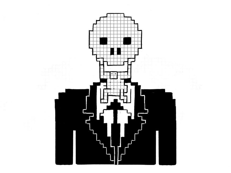 eine zeichnung von perelman, sein kopf als totenkopf dargestellt