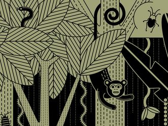 Illustration:Große Blätter, Stämme, Affe hängt an einem Baum, Insekten, eine Schlange.