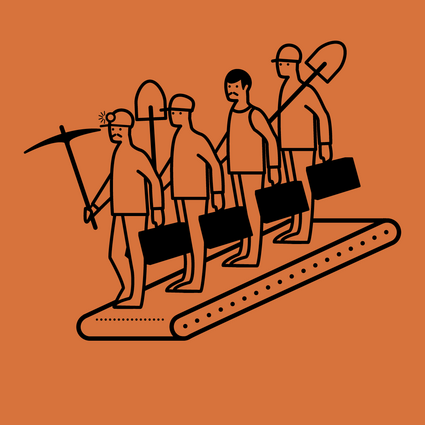 Illustration von Arbeitern mit Hacke und Spaten auf einem Fließband.