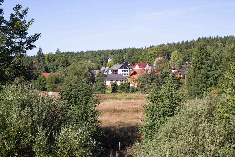 Häusergruppe in der Natur.