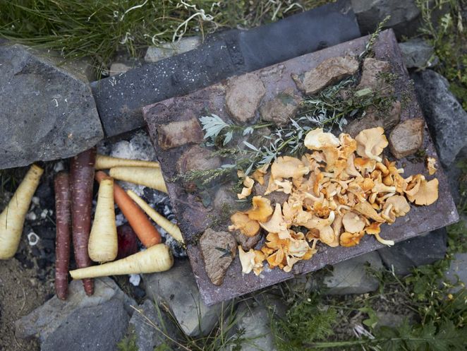 Auf einer Steinplatte braten Fleisch, Pfifferlinge und Rosmarin. Leibniz Magazin