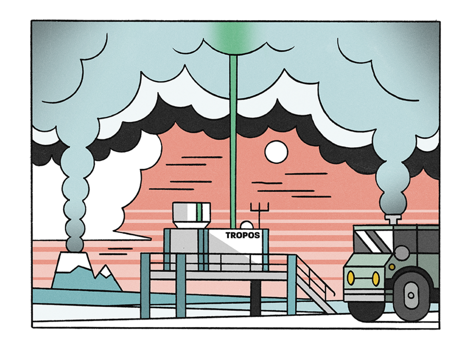 Illustration des Leibniz-Instituts für Troposphärenforschung und Wolken, die mit einem Laser aus dem Instituts gemessen werden.