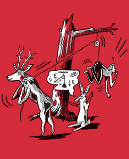 Animierte Illustration. Eine Person ist an einem Seil befestigt, das über eine Spule an einem Ast verläuft. Ein Hirsch zieht die Person an dem Seil hoch und runter, darunter steht ein Hase und fuchtelt mit den Vorderläufen. Am Baumstamm ist ein Zettel mit einer gezeichneten Seilwinde und den Formelzeichen »FZ«, »FG« und »m« befestigt.