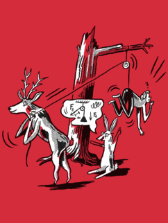 Animierte Illustration. Eine Person ist an einem Seil befestigt, das über eine Spule an einem Ast verläuft. Ein Hirsch zieht die Person an dem Seil hoch und runter, darunter steht ein Hase und fuchtelt mit den Vorderläufen. Am Baumstamm ist ein Zettel mit einer gezeichneten Seilwinde und den Formelzeichen »FZ«, »FG« und »m« befestigt.