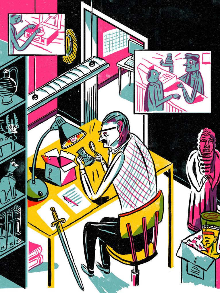 Bunte Illustration eines Kriminalisten, der antike Fundstücke untersucht.