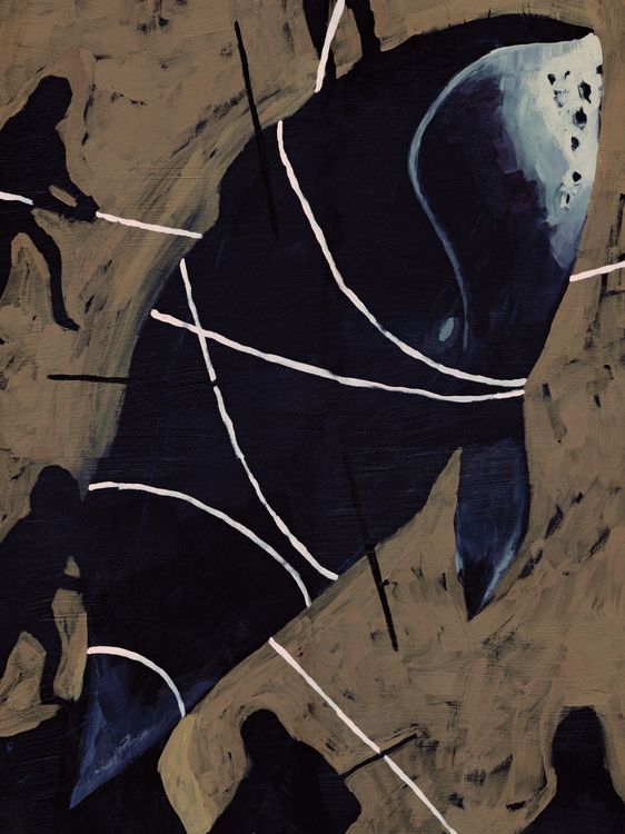 Illustration eines Wals, der von Personen mit seilen gefesselt wird.
