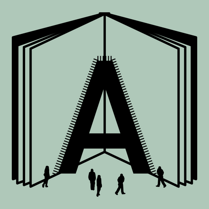 Illustration eines offenen Buches mit einem goßen "A", davor einige Personen.