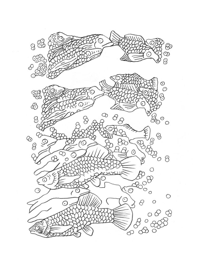 Illustration vieler Fische, die durch Luftblasen und Eier Schwimmen.