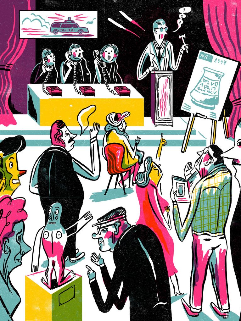 Bunte Illustration einer Auktion, bei der eine Glocke der ein Silberbecher versteigert werden soll. Doch die Polizei ist schon im Anmarsch.
