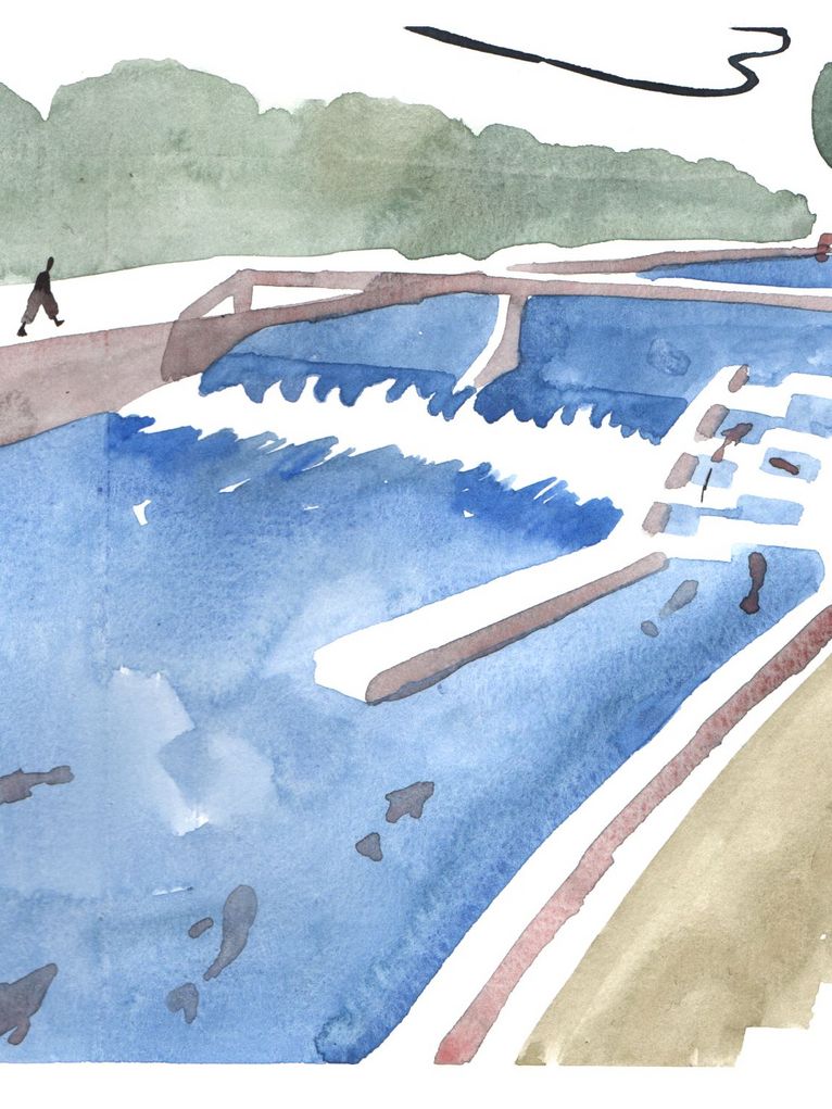Aquarellzeichnung von einer Fischtreppe.