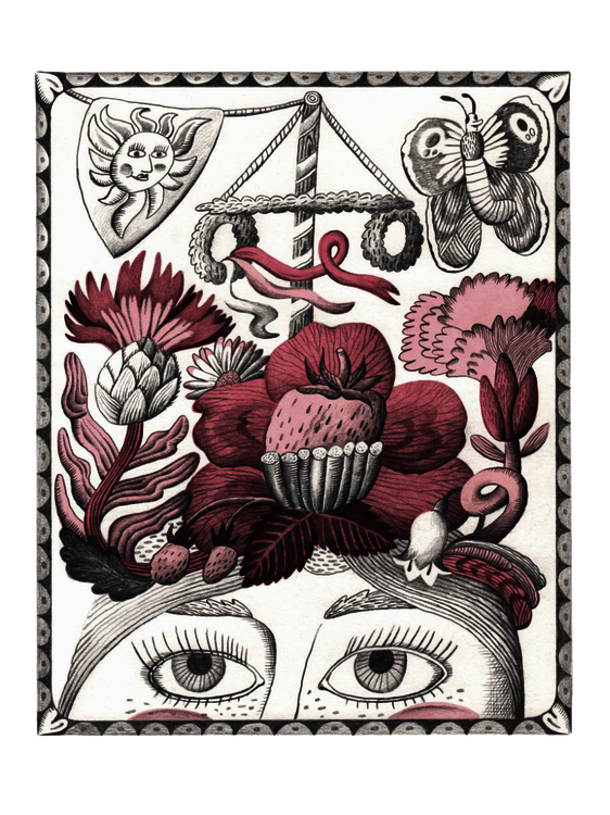 Illustration mit Blumen, Blättern und Beeren, die aus dem oberen Bildrand herauswachsen. In der Mitte steht ein geschmückter Mittsommerbaum, daneben sind Sonne und Schmetterling dargestellt. Am unteren Rand sind Augen zu sehen, die aus dem Bild herausblicken. Farblich dominiert Rosa, Grau und Grün.