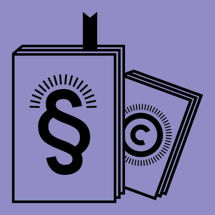 Illustration von zwei Büchern. Eines hat ein Paragraphen-Zeichen auf dem Cover, das andere das Copyright-Symbol.