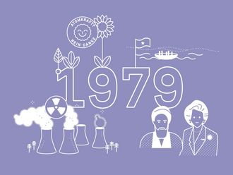 Illustration: Atomkraftwerk, Sonnenblumen, ein Schiff, ein Mann und eine Frau, in der Mitte die Jahreszahl 1979.