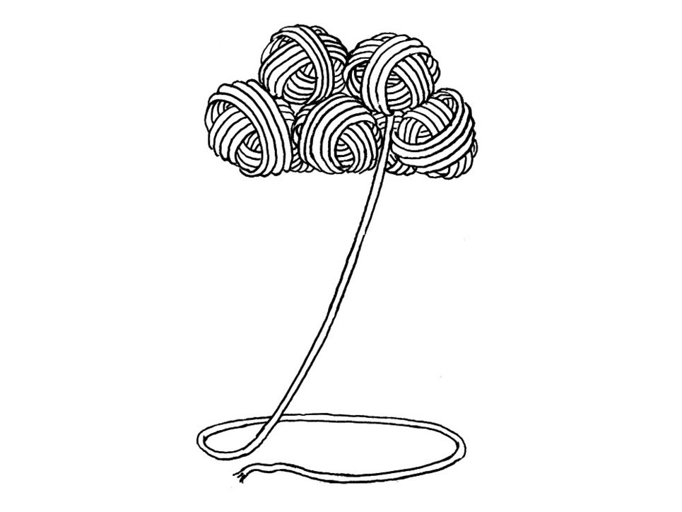 Illustration einer Wolke, die aus Wollknäulen besteht.Ein Fadenende regnet herab und bildet unten eine Pfütze.