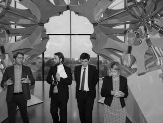 Porträt von Swen Schulz, unserem Moderator Frank Steinhofer, Stefan Brandt und Sunhild Kleingärtner im Futurium, in Berlin