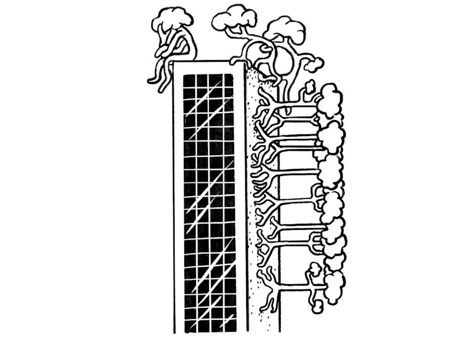 Ein Hochhaus, dessen Wände und Dach von Bäumen bewachsen sind.