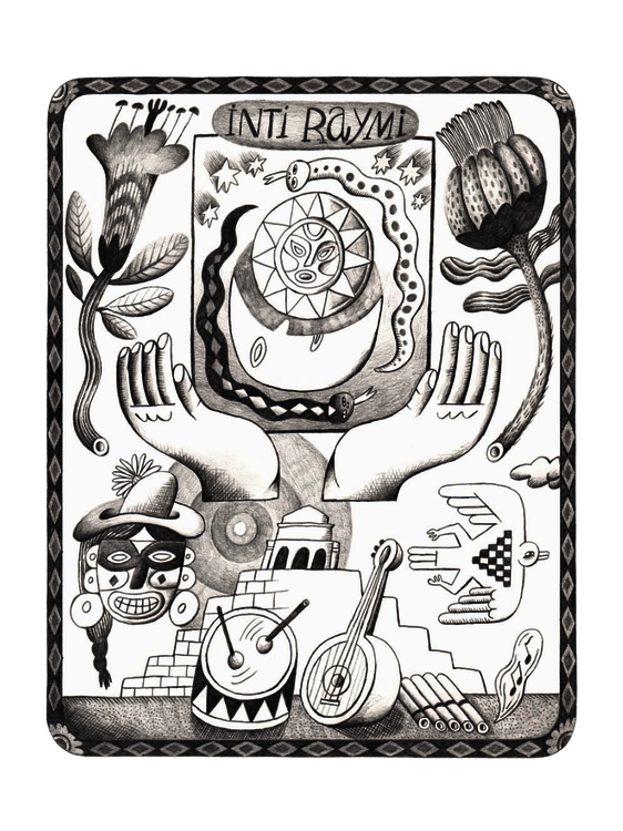 Schwarz-weiße Illustration mit zentralem Sonnenmotiv, das von Händen gehalten wird. Umgeben ist es von Pflanzen, Schlangen, Sternen, Musikinstrumenten, Masken und einer Tempelarchitektur. Das Bild ist ornamental gerahmt.