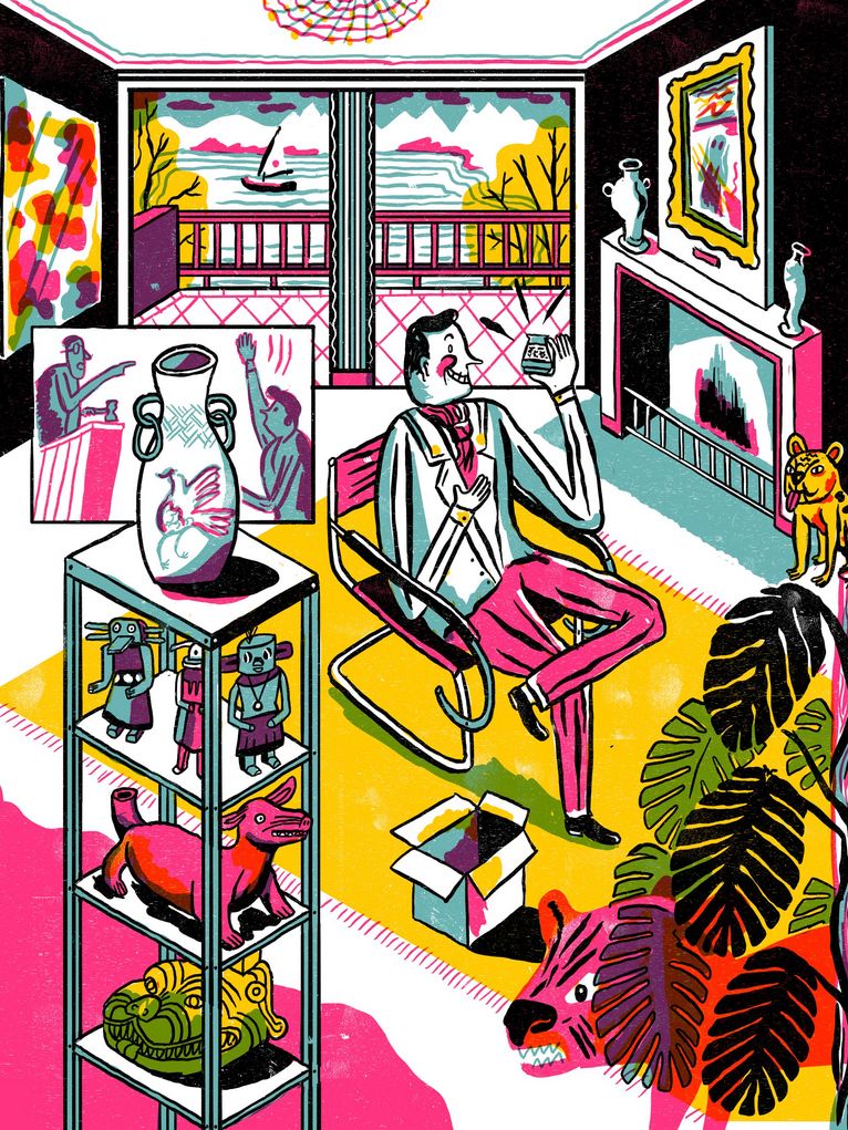 Illustration eines Sammlers alter Schätze in seinem Wohnzimmer.