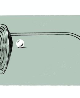 Illustration einer Muschel und einer Perle, die Muschel ist zugleich ein Brillenglas.