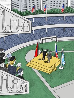 Illustration eines Stadions, in dem auf einer Bühne zwei Personen mit Mikrofonen stehen. Die Bühne ist von drei Flaggen umstellt. 