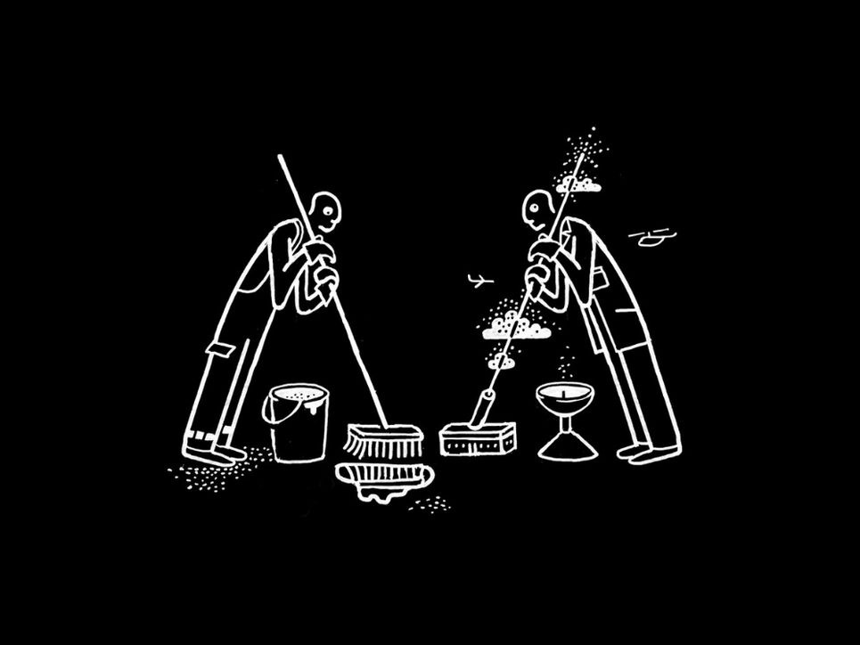 Schwarz weiße Illustration: zwei stilisierte Figuren stehen einander gegenüber. die linke Person lehnt gegen einen Besen mit dem sie den Boden wischt. Die rechte Figur lehnt gegen einen stilisierten Laserstrahl der aus einem Miniaturgebäude auf dem Boden strahlt und durch kleine Wolken sticht. Die Körperhaltung sowie der Besenstiel und der Laserstrahl sind wie gespiegelt dargestellt. Dadurch wirkt das Bild sehr symmetrisch.
