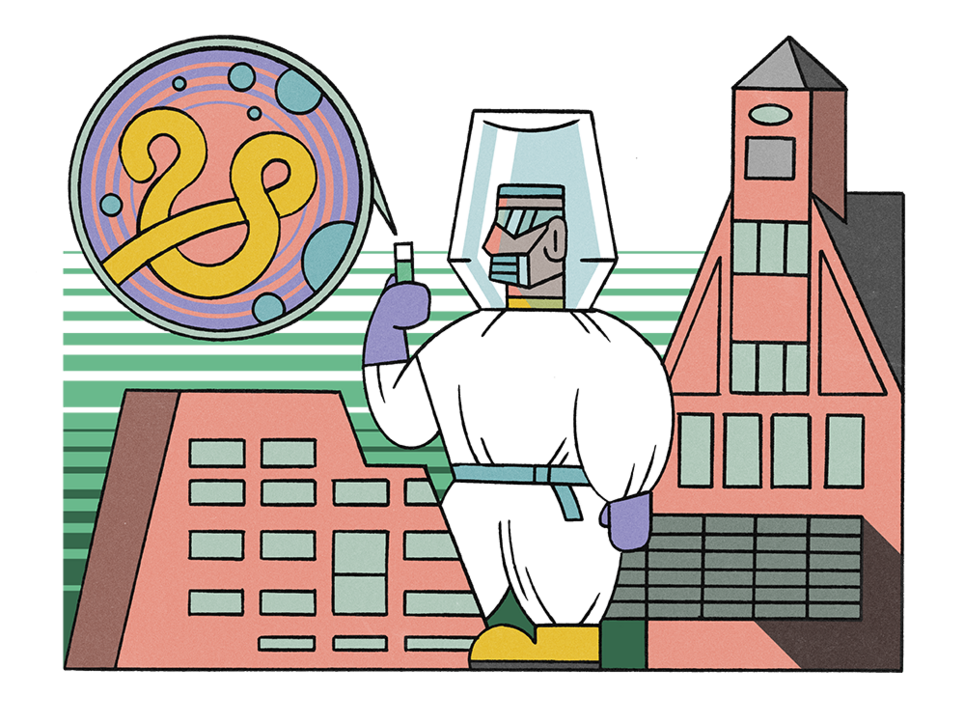Illustration des Bernard-Nocht-Instituts und einem Wissenschaftler in Schutzanzug.