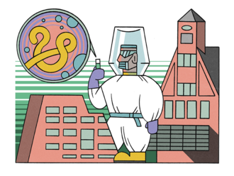 Illustration des Bernard-Nocht-Instituts und einem Wissenschaftler in Schutzanzug.