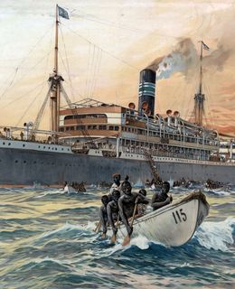 Kolonialzeitlicher Dampfer vor der afrikanischen Küste, Einheimische in Kanus beladen das Schiff