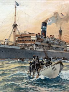 Kolonialzeitlicher Dampfer vor der afrikanischen Küste, Einheimische in Kanus beladen das Schiff