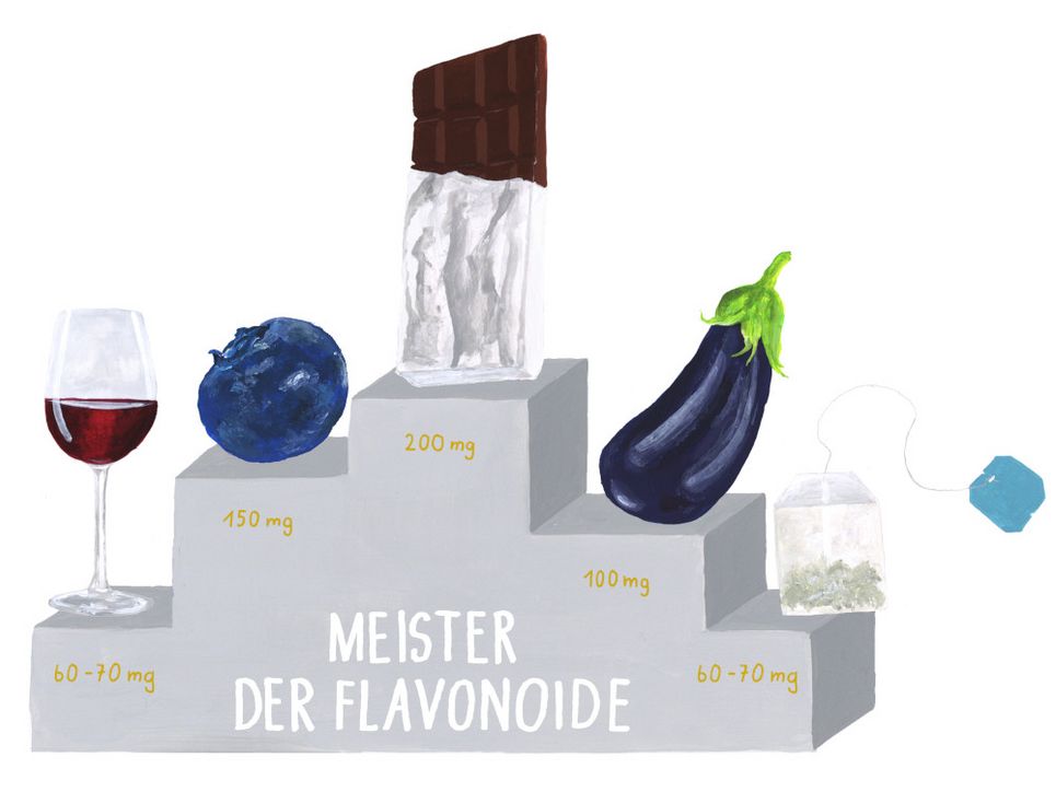 Illustration von Lebensmitteln: Ein Glas Rotwein, eine Blaubeere, eine Tafel Schokolade, eine Aubergine und ein Teebeutel. Sie stehen auf einem Siegertreppchen, die Schokolade ganz oben, der Gehalt ihrer Flavonoide ist unter ihnen zu lesen.