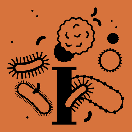 Illustration des Buchstaben "i", um ihn herum Bakterien in unterschiedlichen Formen.