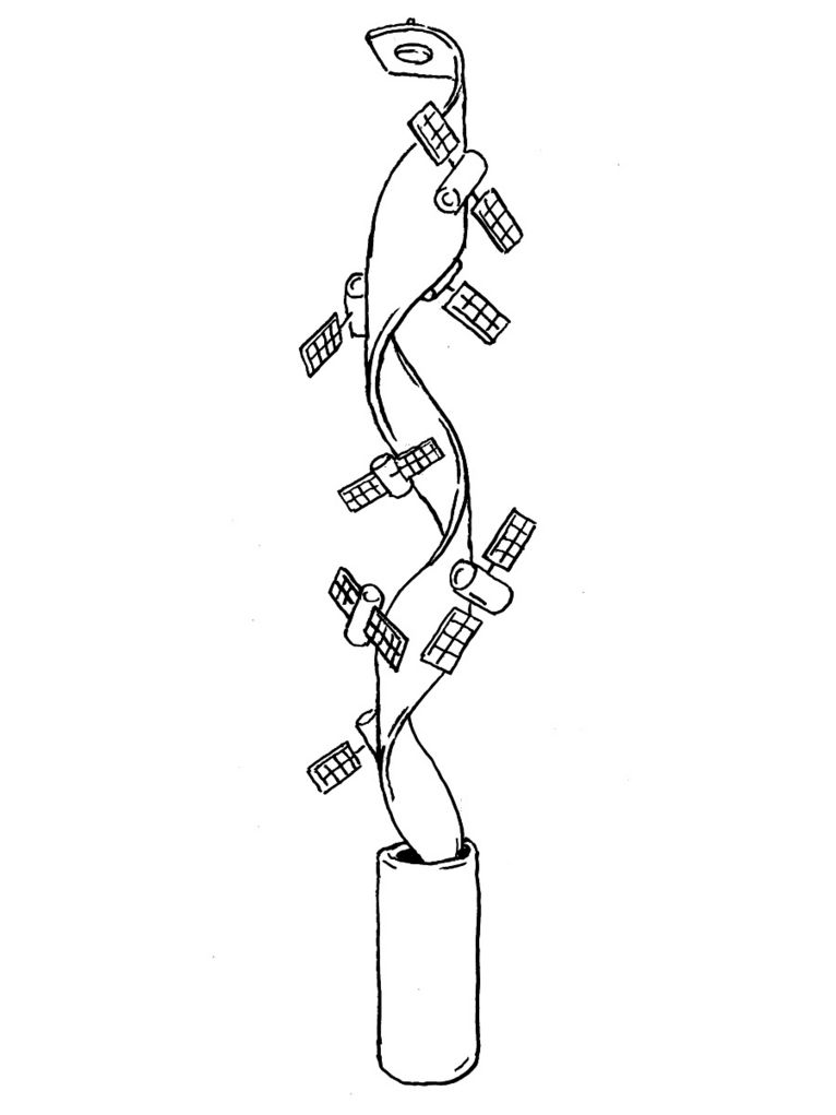 Illustration eines Bandes, das aus einer Büchse schießt und an dem Satelliten entlangfliegen.