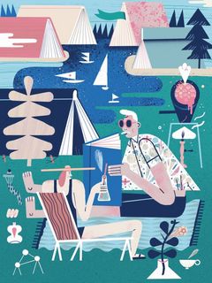 Bunte Illustration von zwei Personen in Liegestühlen mit Drinks und vielen Büchern an einem See.