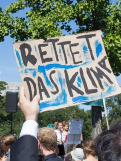 Demonstrierende auf einer Fridays for Future Demo. Ein Plakat mit der Aufschrift "Rettet das Klima" wird in die Höhe gehalten.