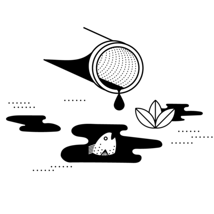 Illustration: ein Fisch in einem kleinen Gewässer, über ihm ein Flaschenhals, aus dem Wasser tropft.