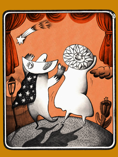 Illustration mit zwei stilisierten, tierähnlichen Figuren auf einer Bühne mit Vorhängen. Eine Figur trägt einen Umhang mit Sternenmuster, die andere hat ein rundes, sonnenähnliches Gesicht. Über ihnen fliegt eine Sternschnuppe, im Hintergrund sind Wolken und Pflanzen zu sehen.