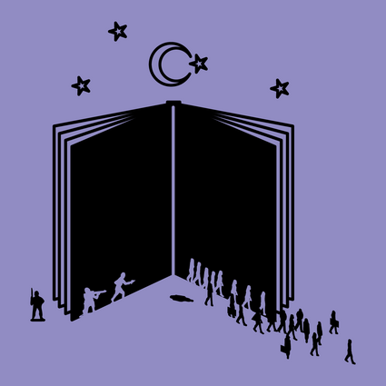 Illustration eines Buchs, auf dessen Seiten Menschen mit Gewehren abgebildet sind und eine Menschenmenge, die zum Teil aus dem Buch heraus läuft.
