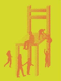 Illustration von einem übergroßen Stuhl, auf dem eine Person sitzt, eine klettert mit Räuberleiter hoch, drei weitere sind auf dem Boden.
