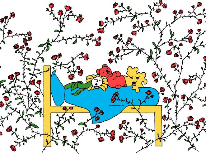 Illustrationen von Samen im Dornrösschenbett schlafend.