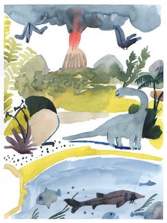 Aquarell Zeichnung mit Vulkan, Stören, einem Dinosaurier und Pflanzen.