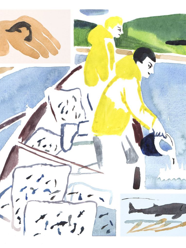 Aquarellzeichnung von Fischern in einem Boot.